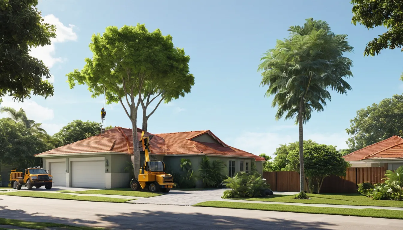 A tree removal provider cutting down a large tree behind a Temple Terrace home