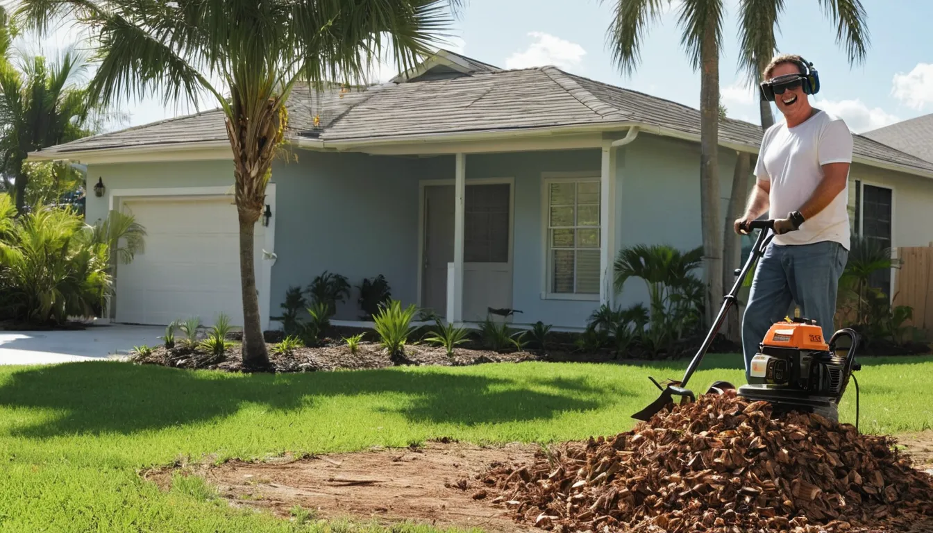 A provider grinding a tree stump in a Temple Terrace backyard near a concrete block home