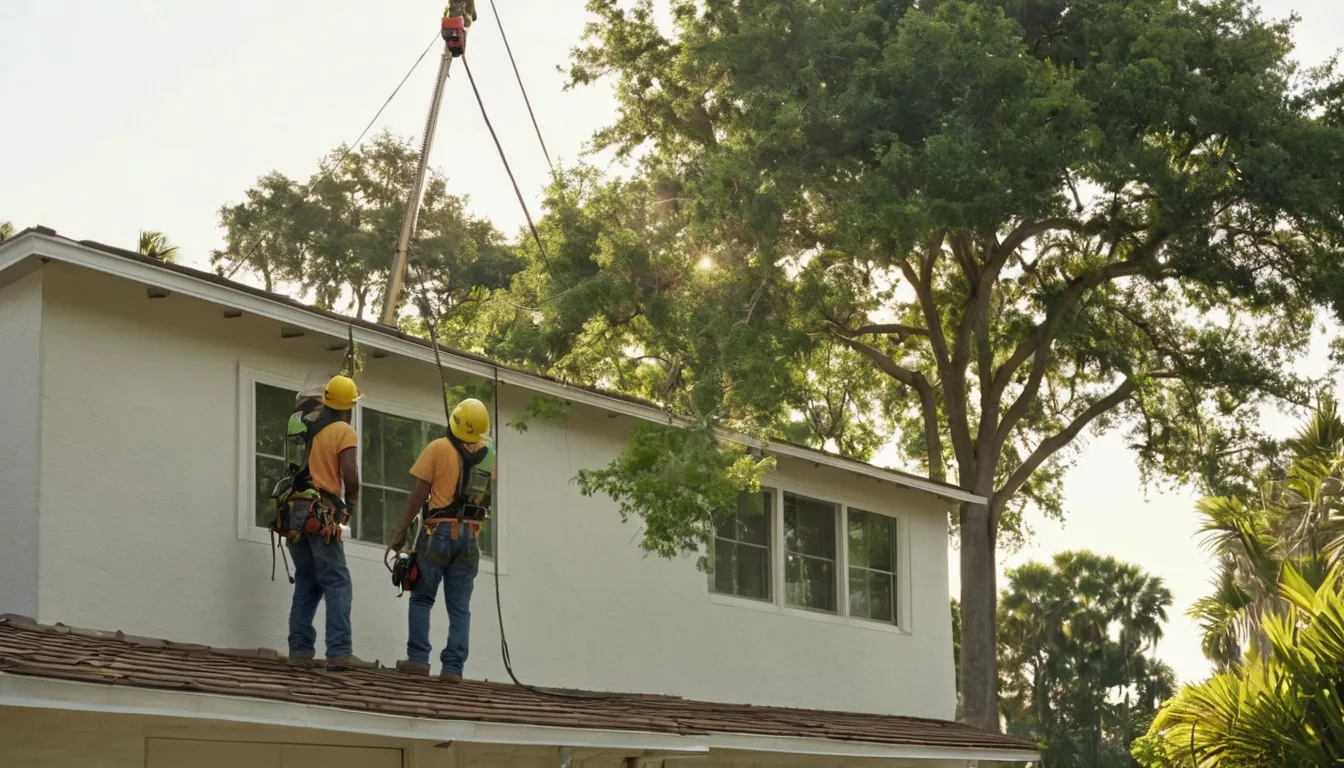 Tree removal provider cutting a large tree near a tile-roof home in the Temple Terrace area